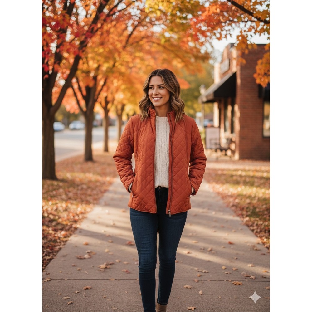 Market & Spruce Women's Small Quilted Jacket Burnt Orange Plaid Lining Full Zip